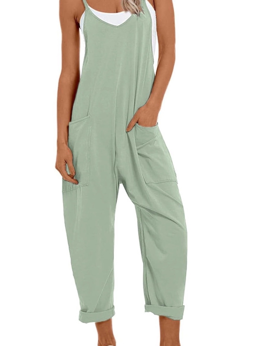 Casual Sage Green Sleeveless Jumpsuit with Pockets